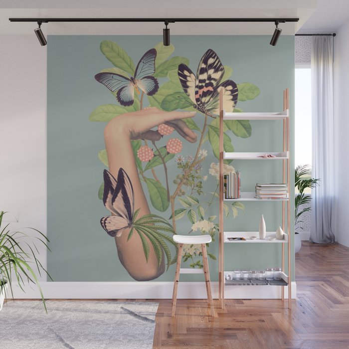 Minimal Collage/ Hand, Plants and Butterflies 4 Wall Mural Gallery Image 1