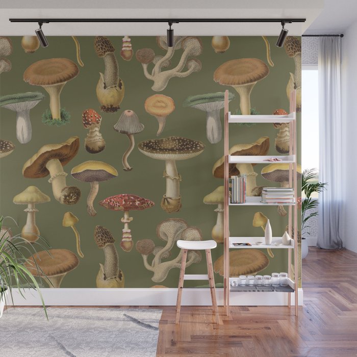 Forest Mushroom Goblincore Aesthetic Pattern - Lichen Green  Wall Mural Gallery Image 1