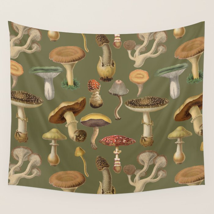 Forest Mushroom Goblincore Aesthetic Pattern - Lichen Green  Wall Tapestry Gallery Image 4