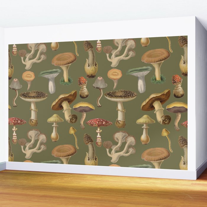 Forest Mushroom Goblincore Aesthetic Pattern - Lichen Green  Wall Mural Gallery Image 2