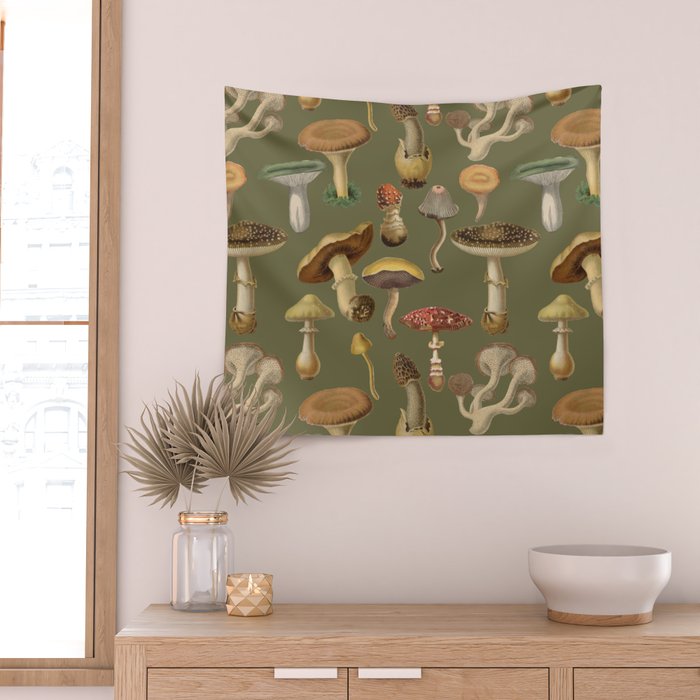 Forest Mushroom Goblincore Aesthetic Pattern - Lichen Green  Wall Tapestry Gallery Image 2