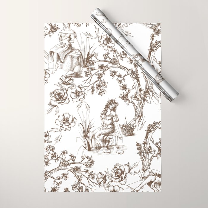 Toile de Jouy Contemporary French Boho Dark Brown & White Wrapping Paper Gallery Image 1