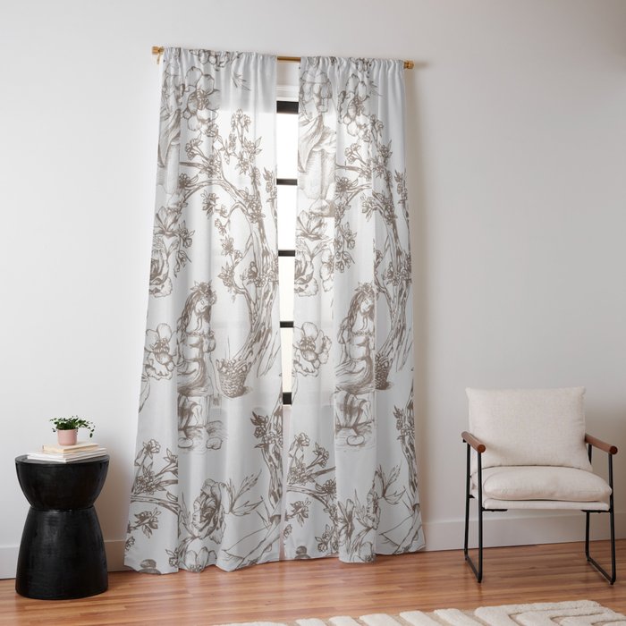 Toile de Jouy Contemporary French Boho Dark Brown & White Window Curtain Gallery Image 14