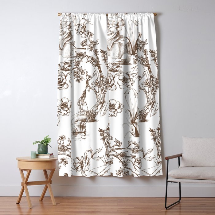 Toile de Jouy Contemporary French Boho Dark Brown & White Window Curtain Gallery Image 1