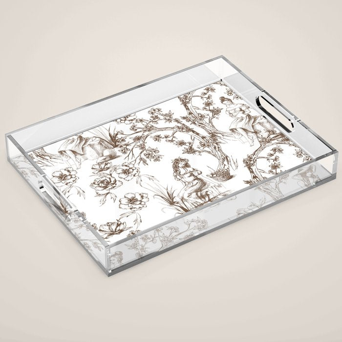 Toile de Jouy Contemporary French Boho Dark Brown & White Acrylic Tray Gallery Image 1
