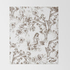 Toile de Jouy Contemporary French Boho Dark Brown & White Throw Blanket Gallery Image 2