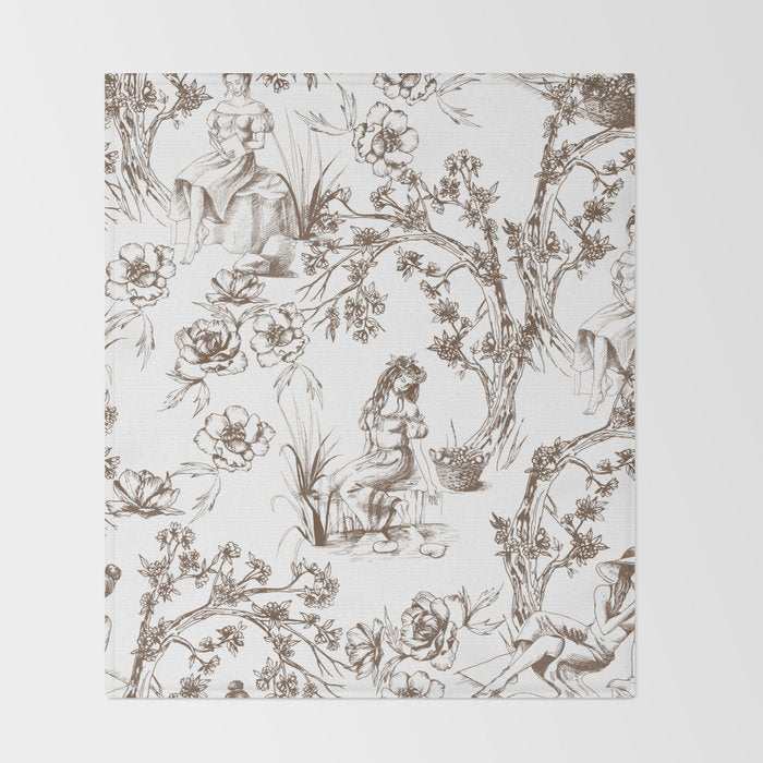 Toile de Jouy Contemporary French Boho Dark Brown & White Throw Blanket Gallery Image 2