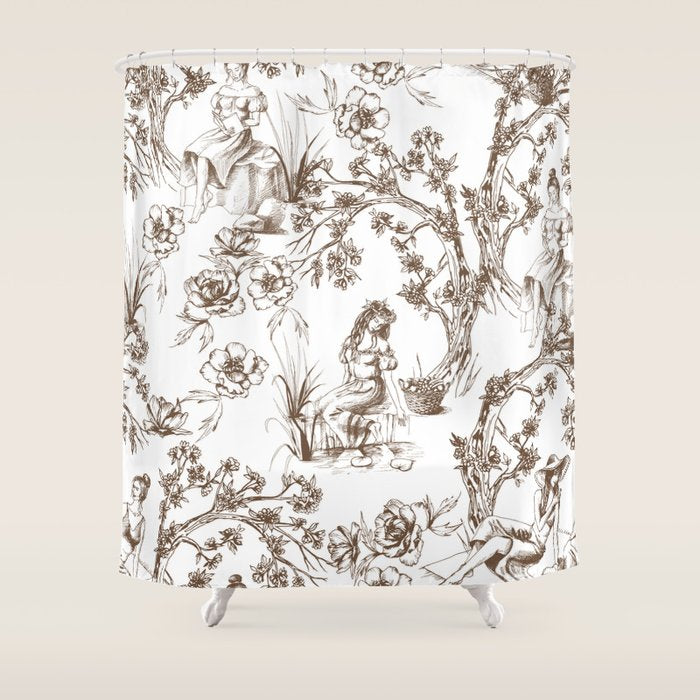 Toile de Jouy Contemporary French Boho Dark Brown & White Shower Curtain Gallery Image 1