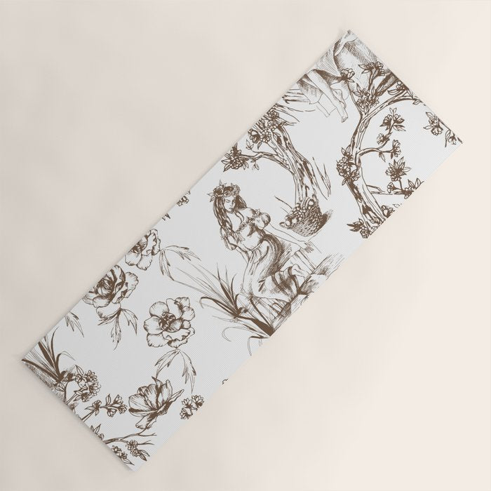 Toile de Jouy Contemporary French Boho Dark Brown & White Yoga Mat Gallery Image 1