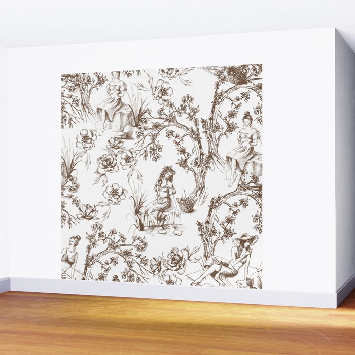 Toile de Jouy Contemporary French Boho Dark Brown & White Wall Mural Gallery Image 2