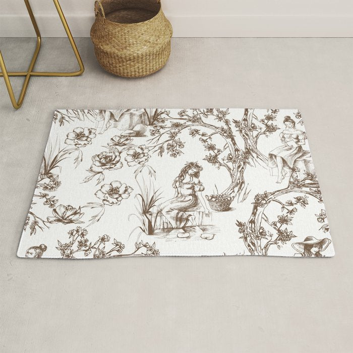 Toile de Jouy Contemporary French Boho Dark Brown & White Rug Gallery Image 1