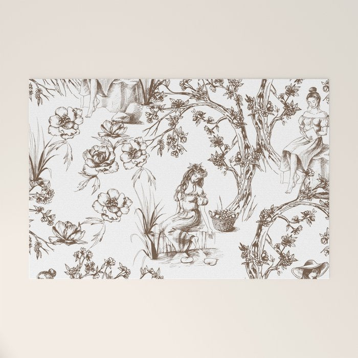 Toile de Jouy Contemporary French Boho Dark Brown & White Welcome Mat Gallery Image 1