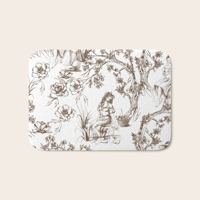 Toile de Jouy Contemporary French Boho Dark Brown & White Bath Mat Gallery Image 1