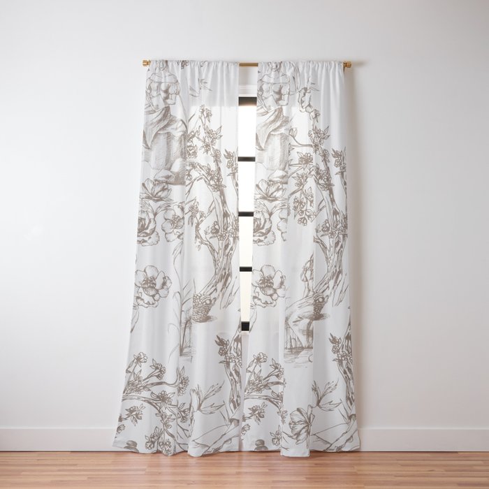 Toile de Jouy Contemporary French Boho Dark Brown & White Window Curtain Gallery Image 2