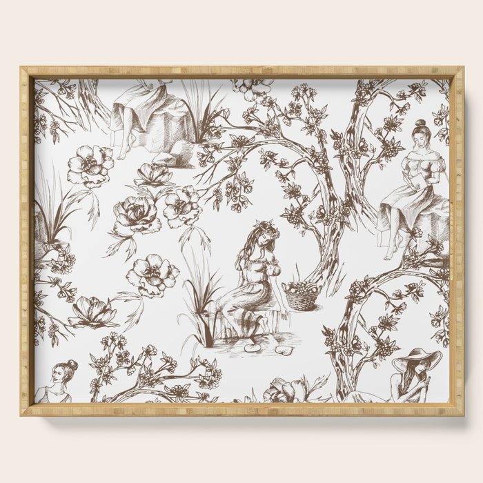 Toile de Jouy Contemporary French Boho Dark Brown & White Serving Tray Gallery Image 1