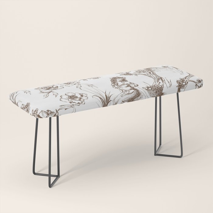 Toile de Jouy Contemporary French Boho Dark Brown & White Bench Gallery Image 1