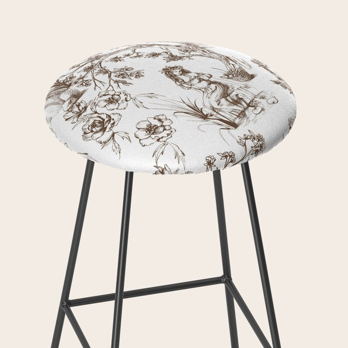 Toile de Jouy Contemporary French Boho Dark Brown & White Stool Gallery Image 2