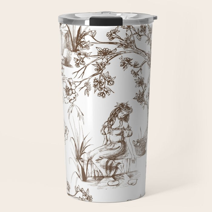 Toile de Jouy Contemporary French Boho Dark Brown & White Travel Mug Gallery Image 1