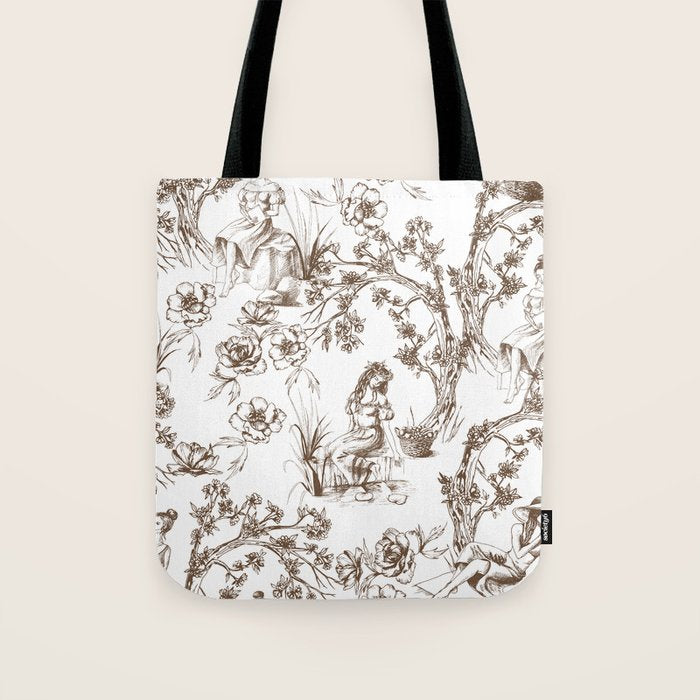 Toile de Jouy Contemporary French Boho Dark Brown & White Tote Bag Gallery Image 1
