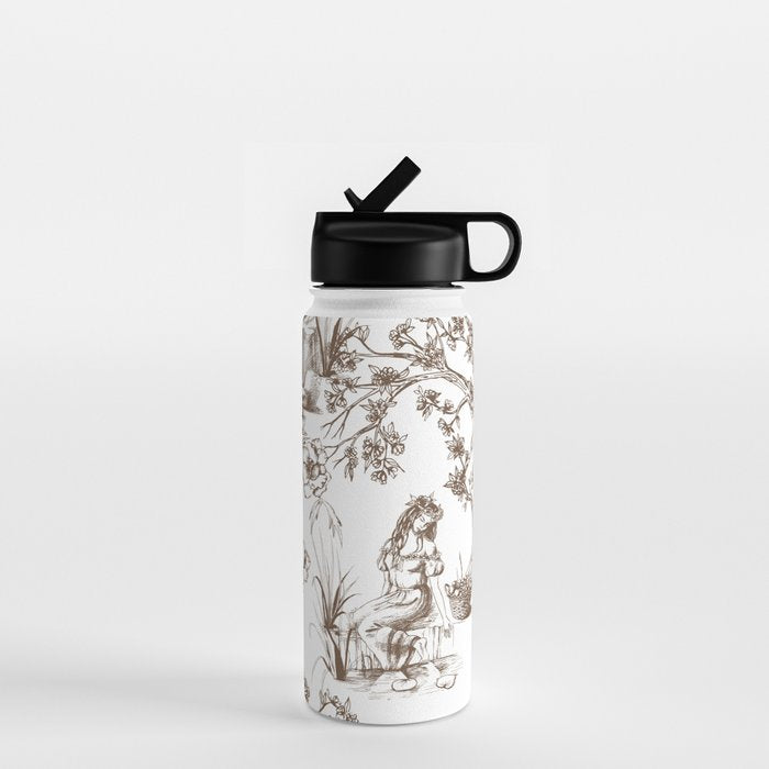 Toile de Jouy Contemporary French Boho Dark Brown & White Water Bottle Gallery Image 1