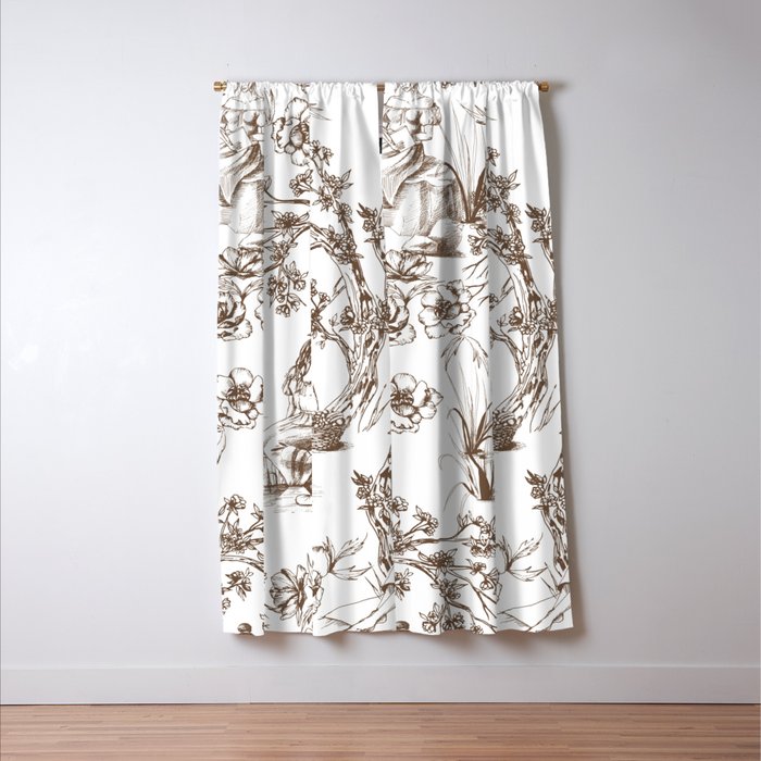 Toile de Jouy Contemporary French Boho Dark Brown & White Window Curtain Gallery Image 3
