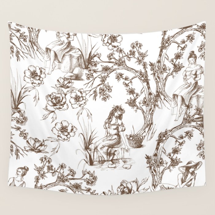 Toile de Jouy Contemporary French Boho Dark Brown & White Wall Tapestry Gallery Image 4