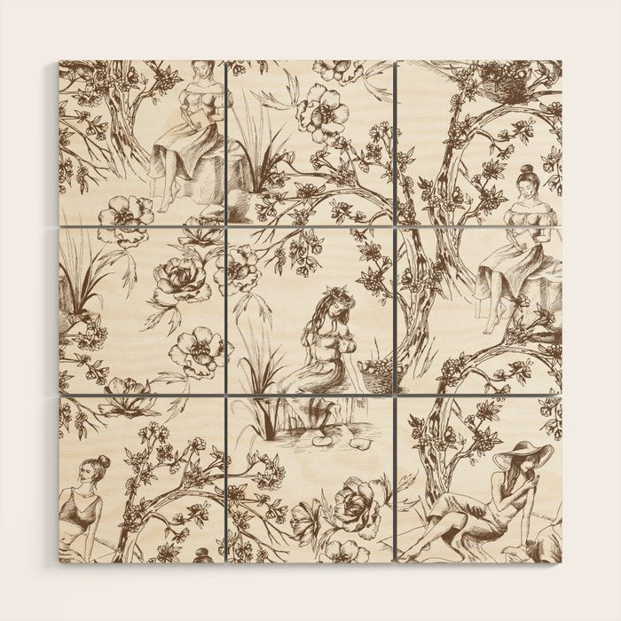 Toile de Jouy Contemporary French Boho Dark Brown & White Wood Wall Art Gallery Image 1