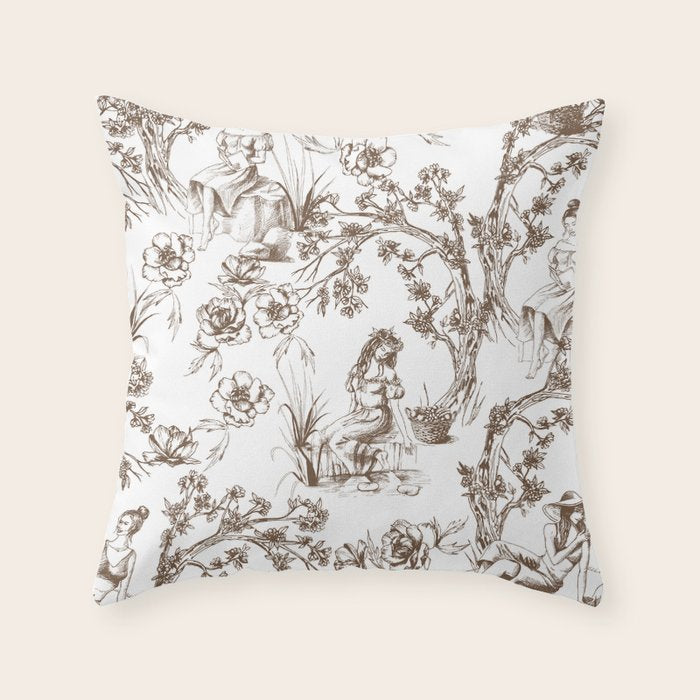 Toile de Jouy Contemporary French Boho Dark Brown & White Throw Pillow Gallery Image 6