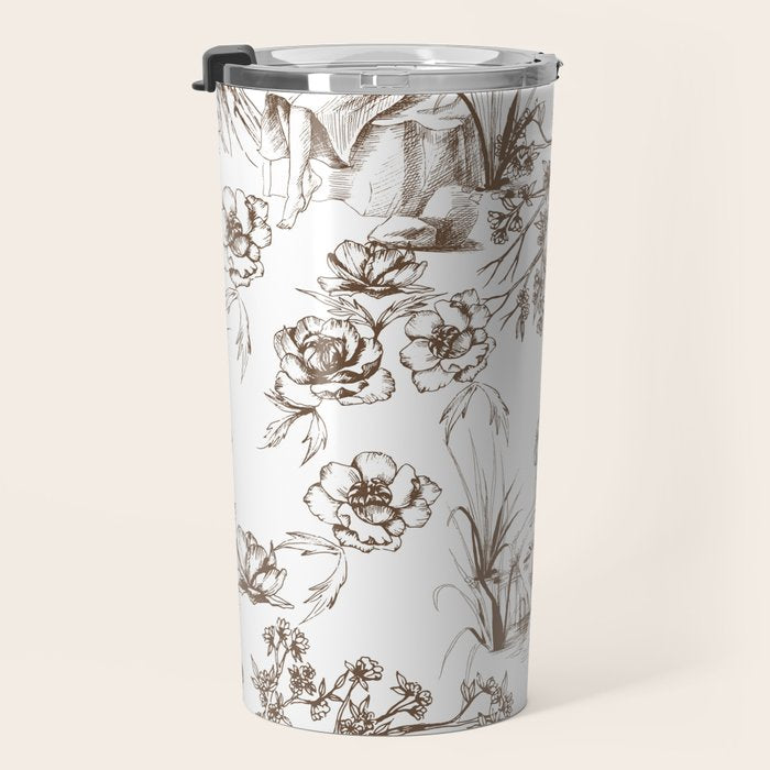 Toile de Jouy Contemporary French Boho Dark Brown & White Travel Mug Gallery Image 3