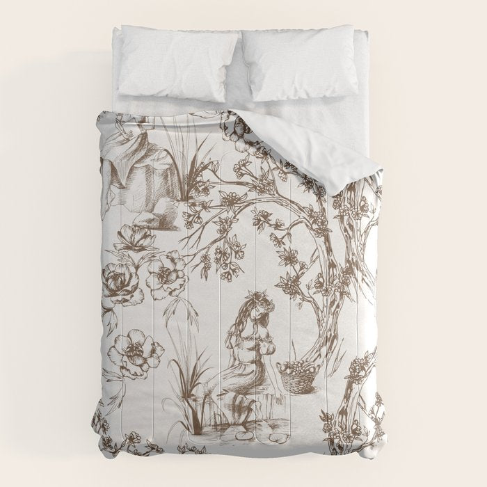 Toile de Jouy Contemporary French Boho Dark Brown & White Comforter Gallery Image 1