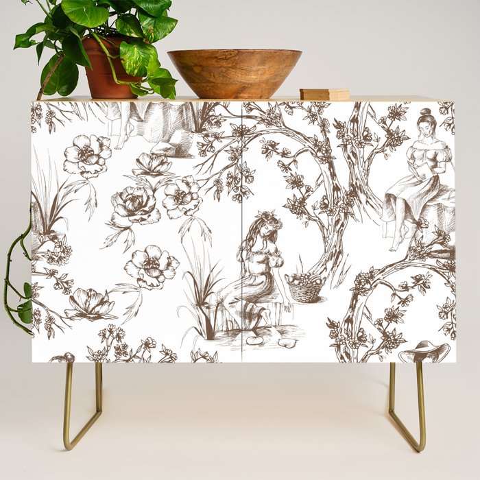 Toile de Jouy Contemporary French Boho Dark Brown & White Credenza Gallery Image 1