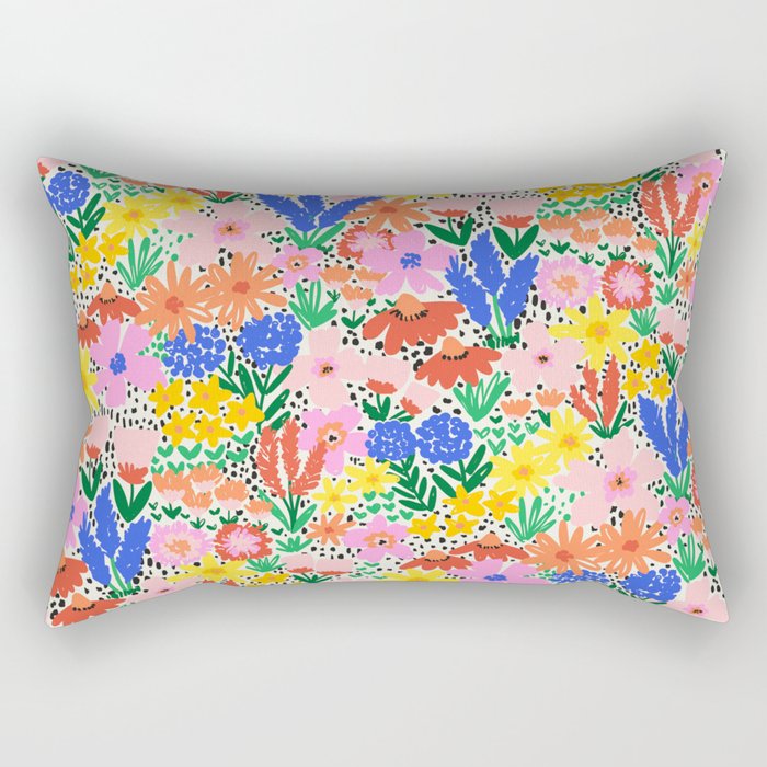 Colorful Summer Flower Meadow Happy Hand Drawn Wildflowers Rectangular Pillow Gallery Image 1