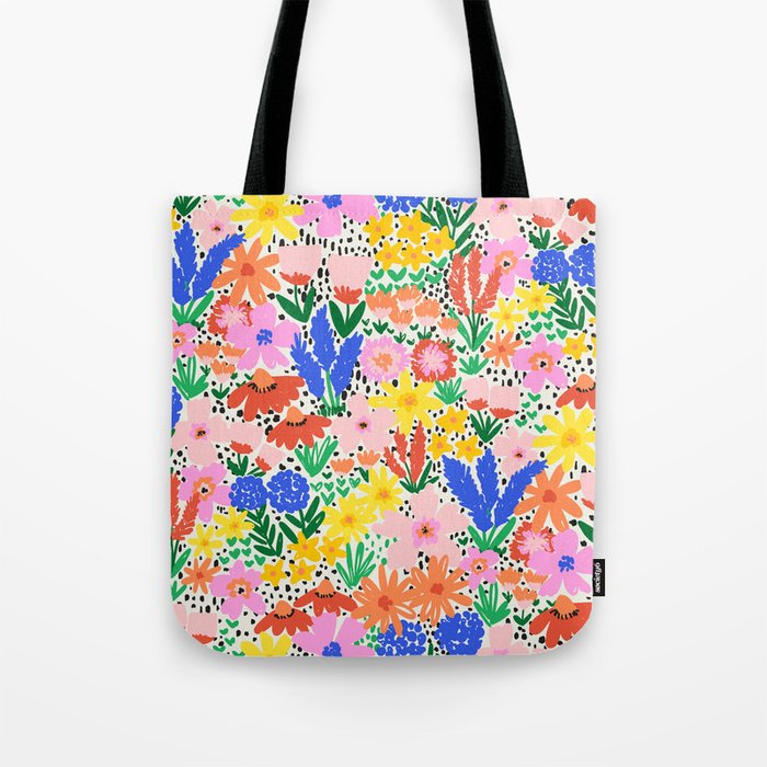 Colorful Summer Flower Meadow Happy Hand Drawn Wildflowers Tote Bag Gallery Image 1