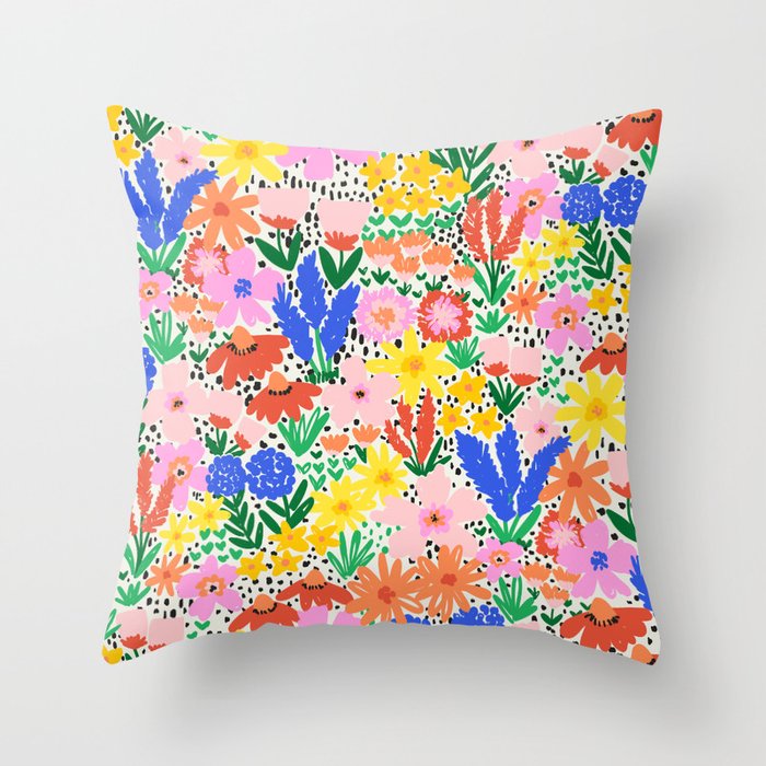 Colorful Summer Flower Meadow Happy Hand Drawn Wildflowers Throw Pillow Gallery Image 1
