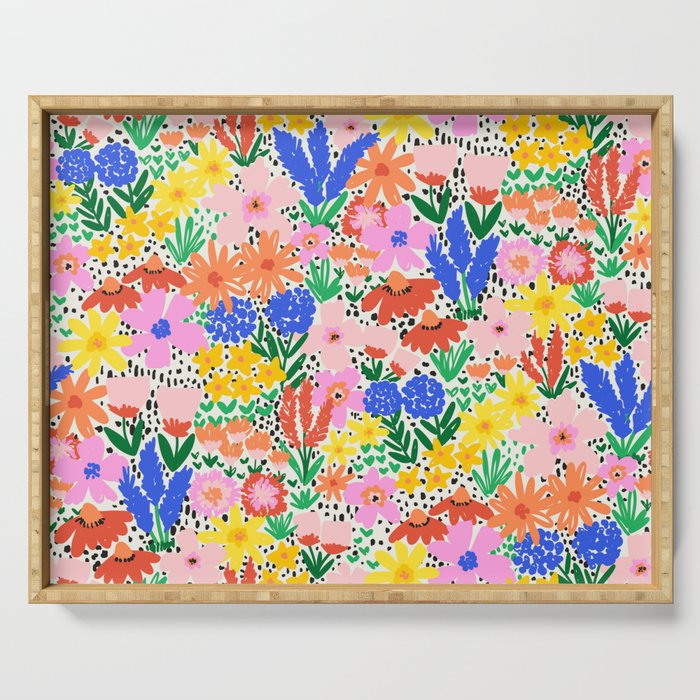 Colorful Summer Flower Meadow Happy Hand Drawn Wildflowers Serving Tray Gallery Image 1