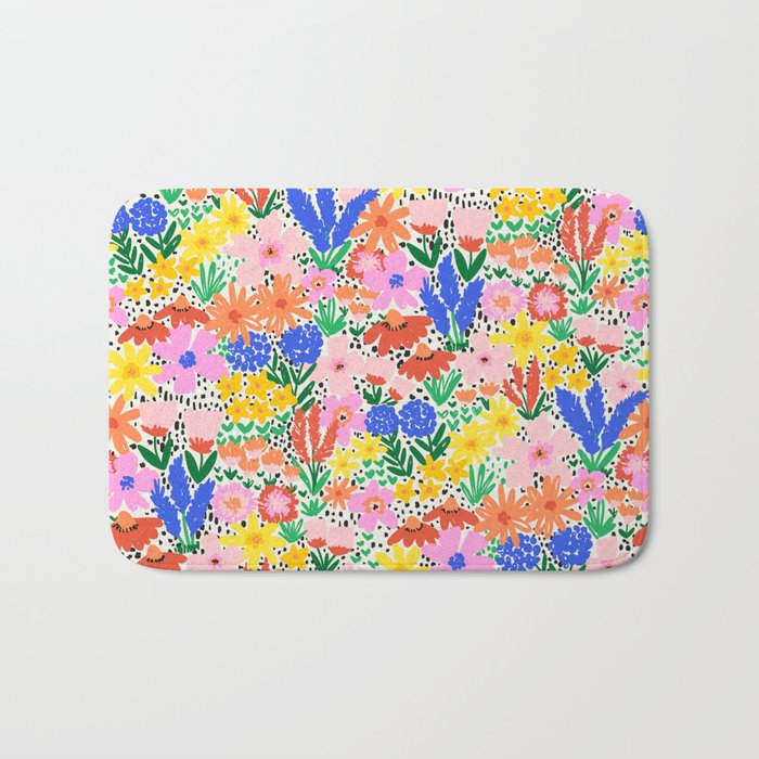 Colorful Summer Flower Meadow Happy Hand Drawn Wildflowers Bath Mat Gallery Image 1
