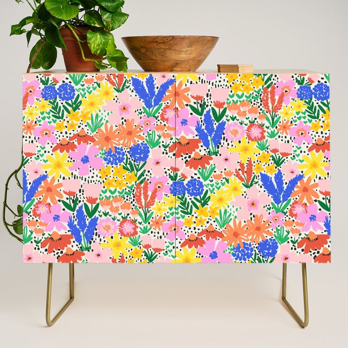 Colorful Summer Flower Meadow Happy Hand Drawn Wildflowers Credenza Gallery Image 1