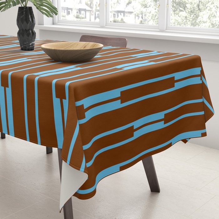 Geometric Minimalist Geo Chain Vertical Stripe Pattern in Sky Blue and Chestnut Brown Tablecloth Gallery Image 3