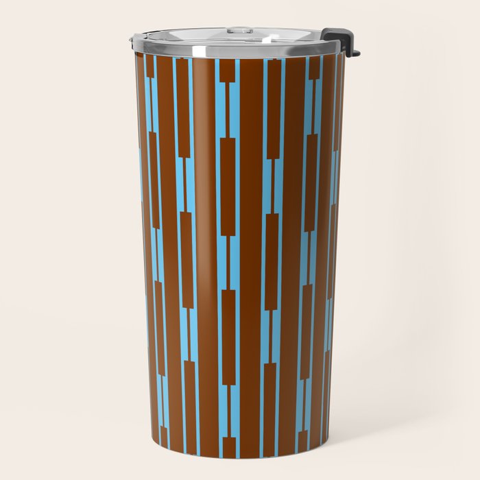 Geometric Minimalist Geo Chain Vertical Stripe Pattern in Sky Blue and Chestnut Brown Travel Mug Gallery Image 2