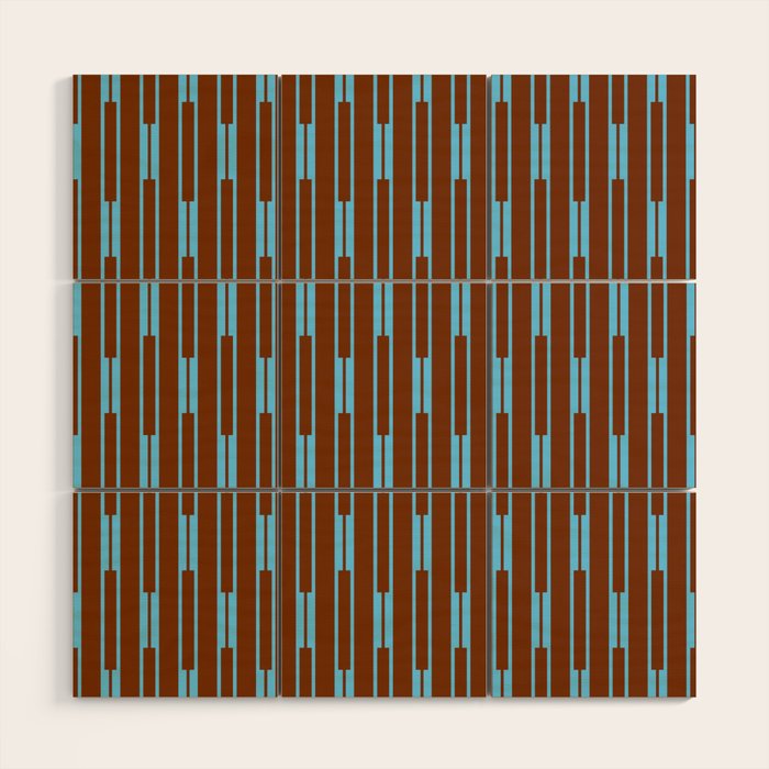 Geometric Minimalist Geo Chain Vertical Stripe Pattern in Sky Blue and Chestnut Brown Wood Wall Art Gallery Image 1