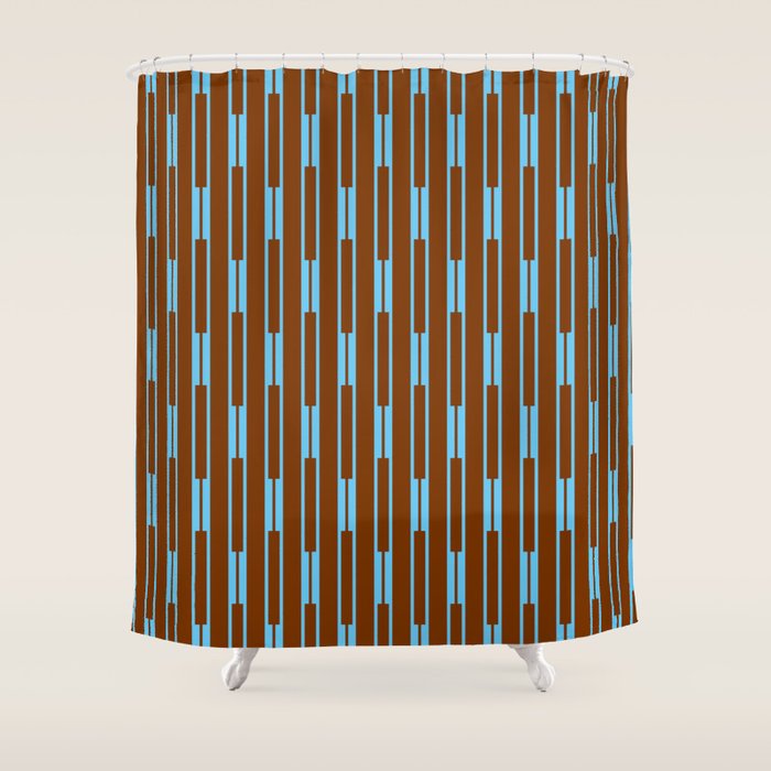 Geometric Minimalist Geo Chain Vertical Stripe Pattern in Sky Blue and Chestnut Brown Shower Curtain Gallery Image 1