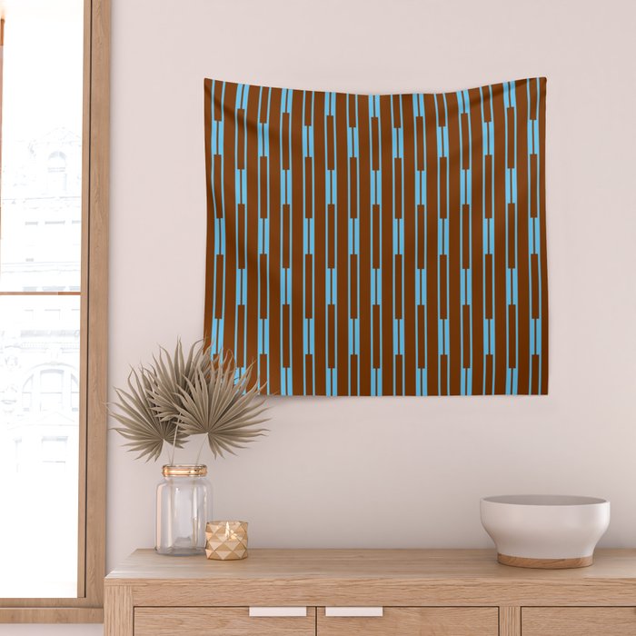Geometric Minimalist Geo Chain Vertical Stripe Pattern in Sky Blue and Chestnut Brown Wall Tapestry Gallery Image 2