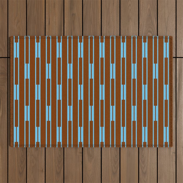 Geometric Minimalist Geo Chain Vertical Stripe Pattern in Sky Blue and Chestnut Brown Outdoor Rug Gallery Image 1