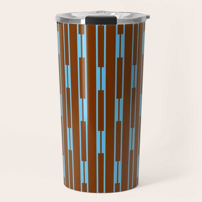 Geometric Minimalist Geo Chain Vertical Stripe Pattern in Sky Blue and Chestnut Brown Travel Mug Gallery Image 1