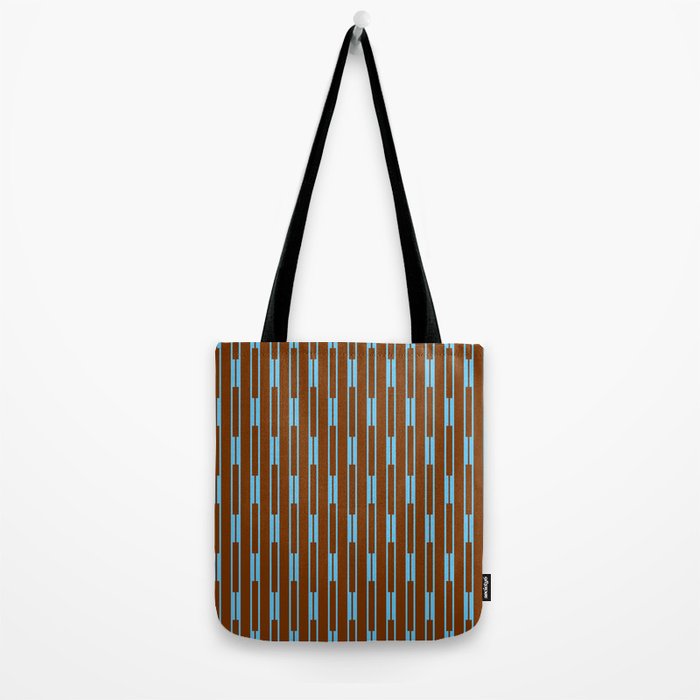 Geometric Minimalist Geo Chain Vertical Stripe Pattern in Sky Blue and Chestnut Brown Tote Bag Gallery Image 2
