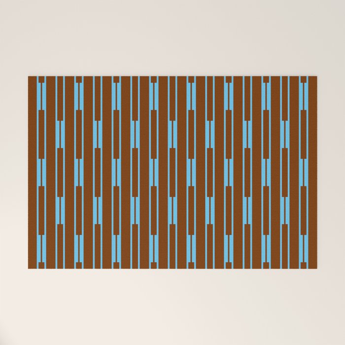 Geometric Minimalist Geo Chain Vertical Stripe Pattern in Sky Blue and Chestnut Brown Welcome Mat Gallery Image 1