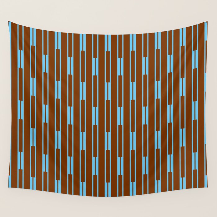 Geometric Minimalist Geo Chain Vertical Stripe Pattern in Sky Blue and Chestnut Brown Wall Tapestry Gallery Image 1