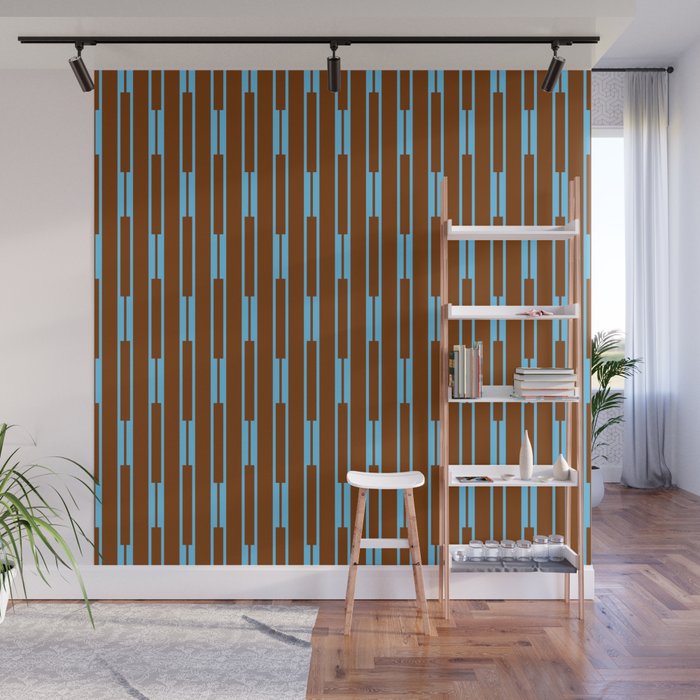 Geometric Minimalist Geo Chain Vertical Stripe Pattern in Sky Blue and Chestnut Brown Wall Mural Gallery Image 1