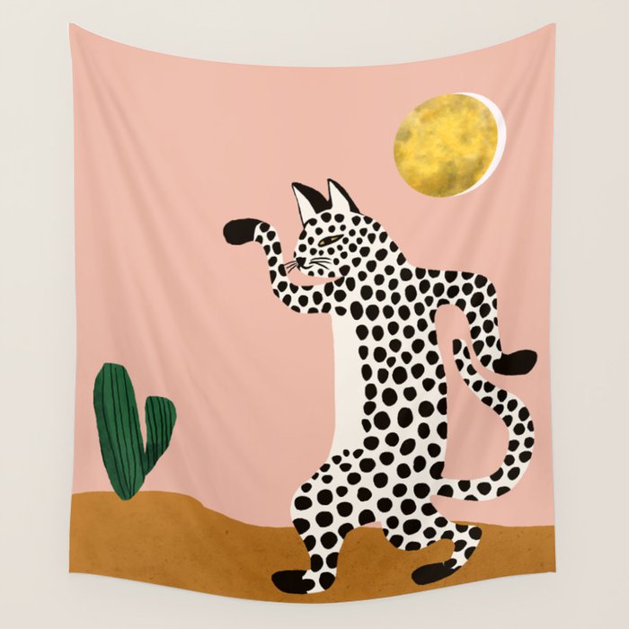 Jazzy Wild Cat, Dancing Leopard Animals Pets, Wildlife Bengal Cats Exotic, Cheetah Jungle Pastel Whimsical, Quirky Bohemian Modern Eclectic Wall Tapestry Gallery Image 4