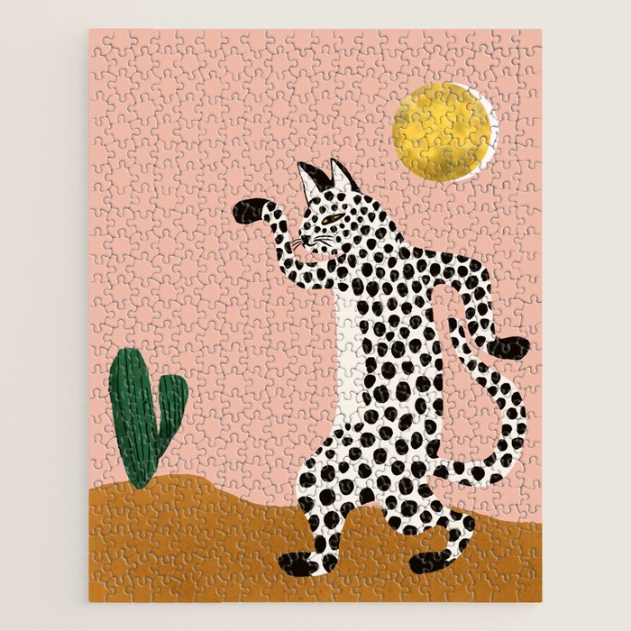 Jazzy Wild Cat, Dancing Leopard Animals Pets, Wildlife Bengal Cats Exotic, Cheetah Jungle Pastel Whimsical, Quirky Bohemian Modern Eclectic Jigsaw Puzzle Gallery Image 1